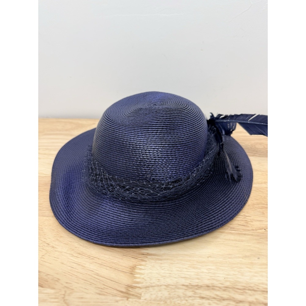 Vtg‎ Miss Bierner Blue Hat Embellished Feathers Netting Woven 11 Inches Diameter